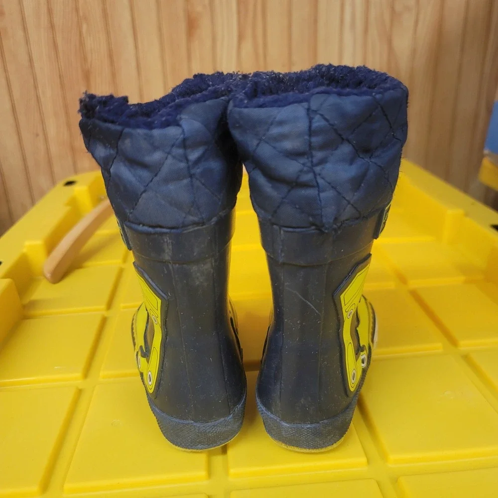 London Fog Kids Navy Yellow Construction Excavator Rain Boots Size 7 Toggle Fur